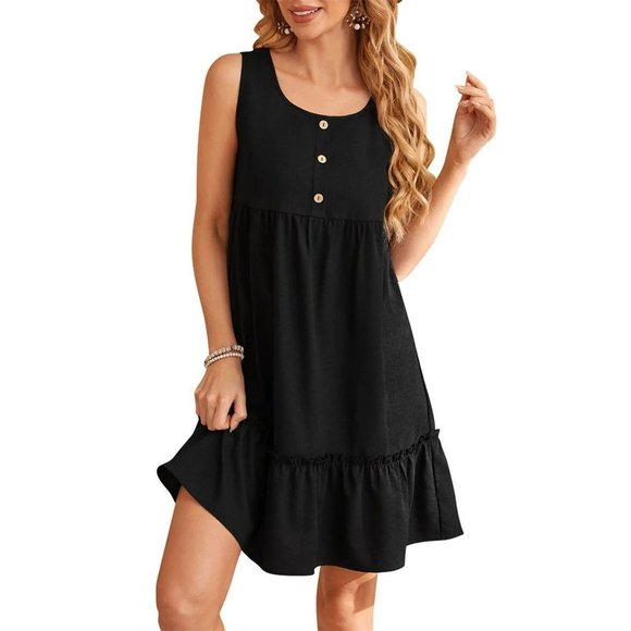 Vintage Womens A Line Tank Dress Front Button Ruffle Hem Sleeveless Black Size S - Picture 1 of 8